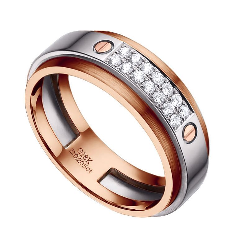 Bague pour homme métal or rose brossé et blanc poli. Diamants - 1