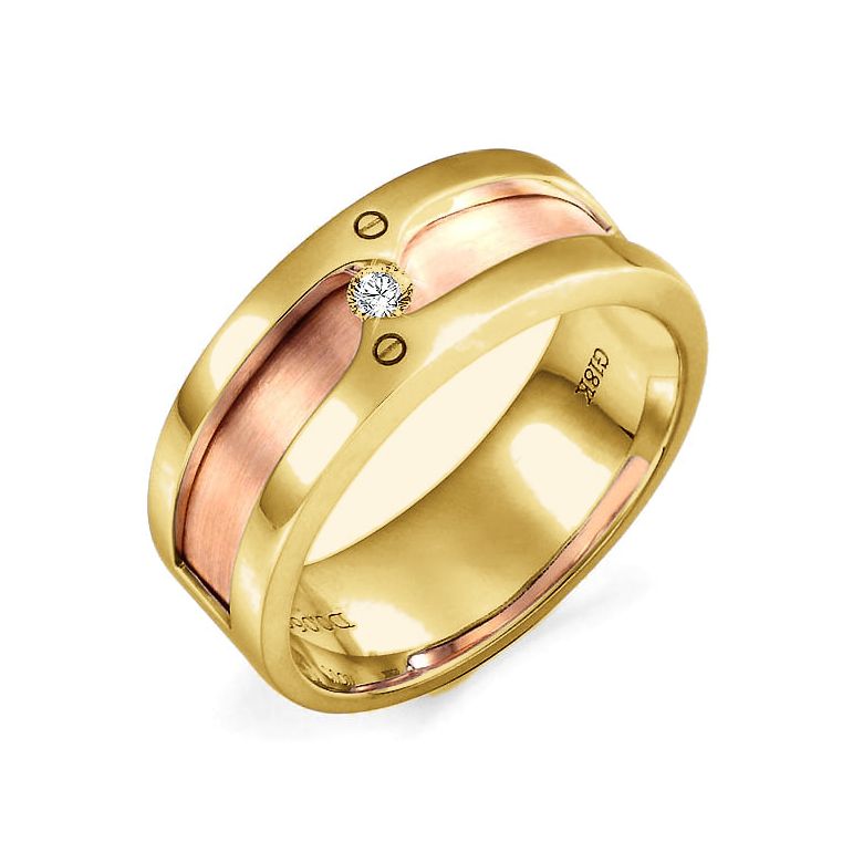 Bague ors Homme - Anneau 2 Or jaune et rose 18cts avec diamant serti - 1