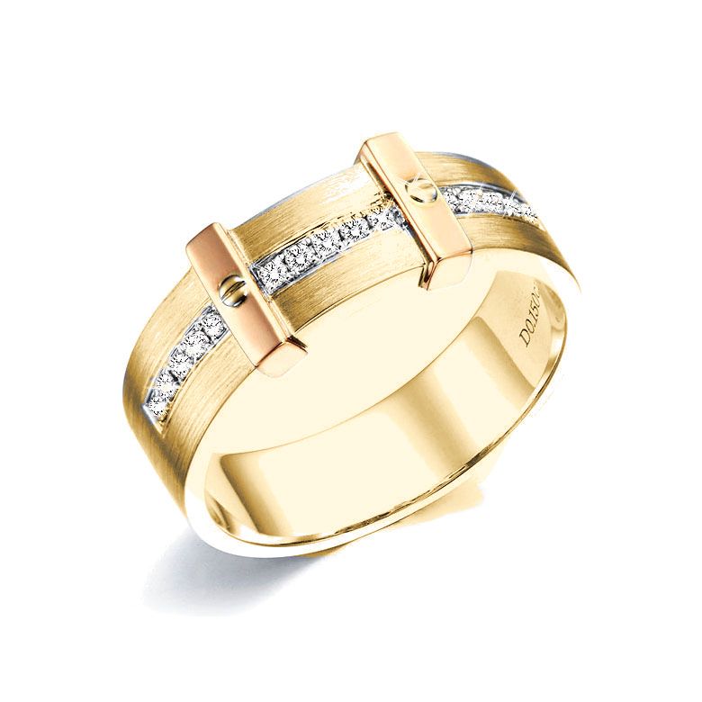 Bague pour hommes - Or jaune - Barrettes cloutées or rose - Diamants - 1