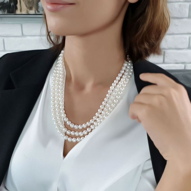 Collier 3 rangs - Collier triple fil perles blanches - 7/7.5mm - AAA - 8