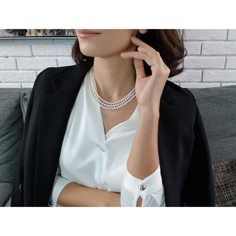 Collier perles 3 rangs mariage. Perle Blanche 5/5.5mm - 4