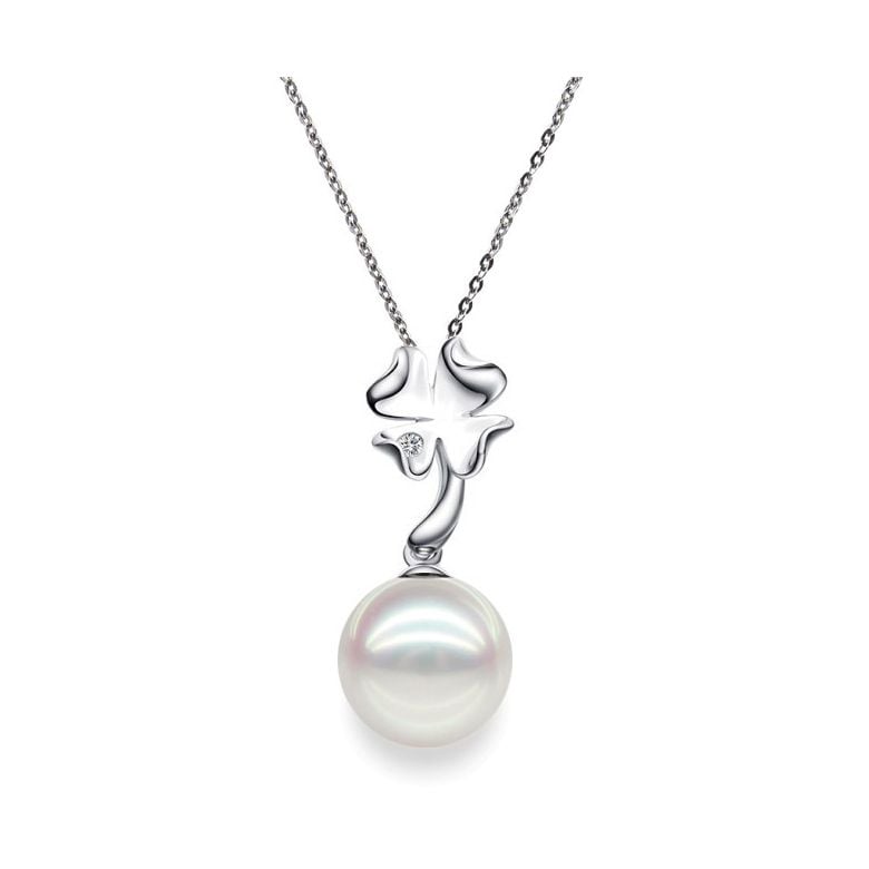 Pendentif perle Akoya du Japon - Perle AAA, or blanc, diamants - 1