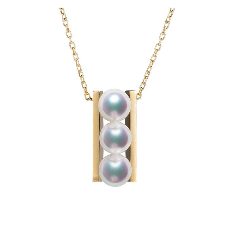 Pendentif 3 perles Akoya et or jaune. Disposition rail. Takana - 1