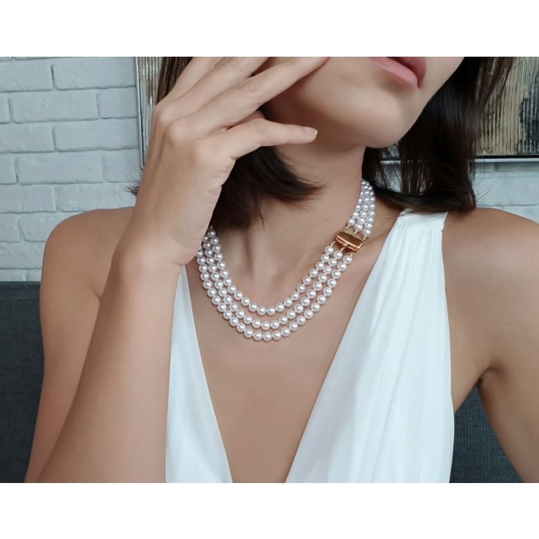 Collier triple perles Akoya blanches - 6.5/7mm - AAA - 2