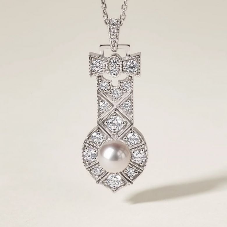 Pendentif Art Déco en Or Blanc et Perle Akoya AAA - Geometria Preciosa - 1