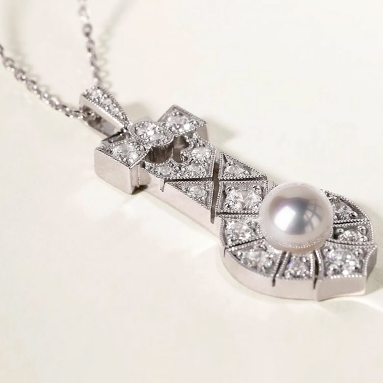 Pendentif Art Déco en Or Blanc et Perle Akoya AAA - Geometria Preciosa - 3