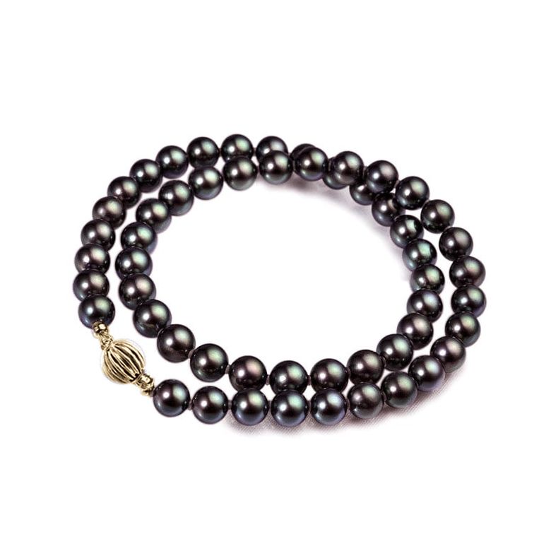 Collier perles Akoya noires - Perle japonaise noire - 6/6.5mm or jaune - 1