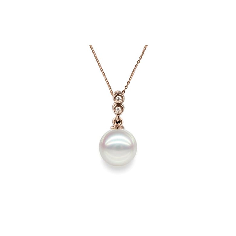 Pendentif perle Akoya 8/8.5mm. Or rose, sertis 2 diamants - 1