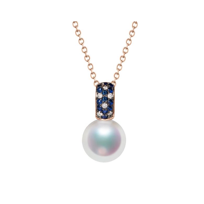 Pendentif Kino, Perle Akoya Japon. Or rose, diamants et saphirs - 1