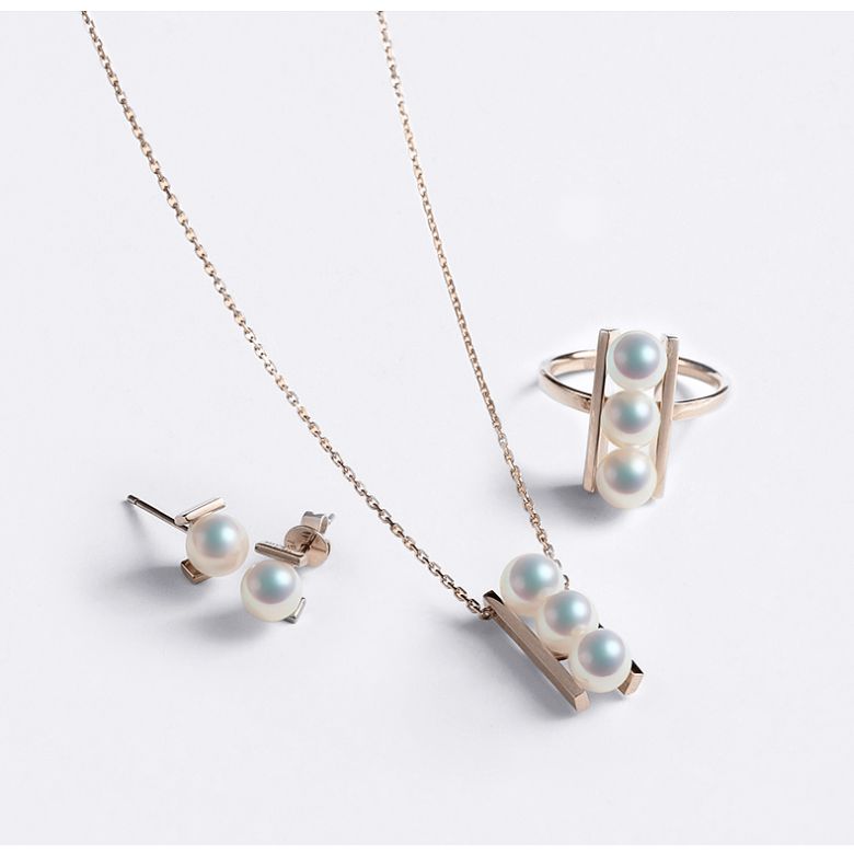 Pendentif 3 perles Akoya et or rose. Disposition rail. Takana - 2