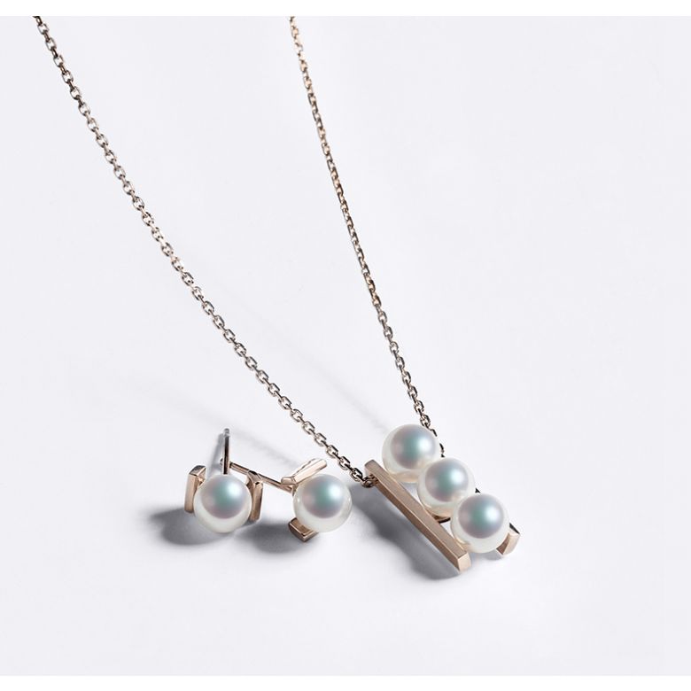 Pendentif 3 perles Akoya et or rose. Disposition rail. Takana - 3