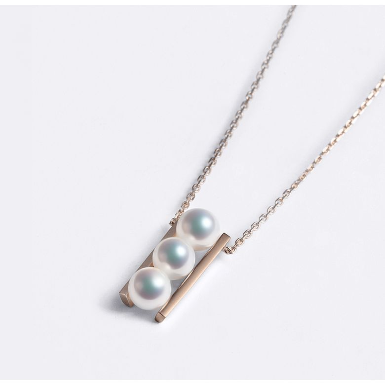 Pendentif 3 perles Akoya et or rose. Disposition rail. Takana - 4