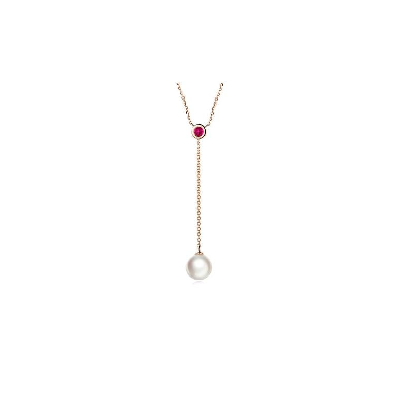 Collier pendentif perle Akoya. Chaîne Or rose, Saphir rose - 1