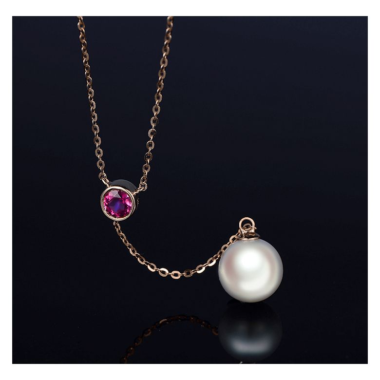 Collier pendentif perle Akoya. Chaîne Or rose, Saphir rose - 2