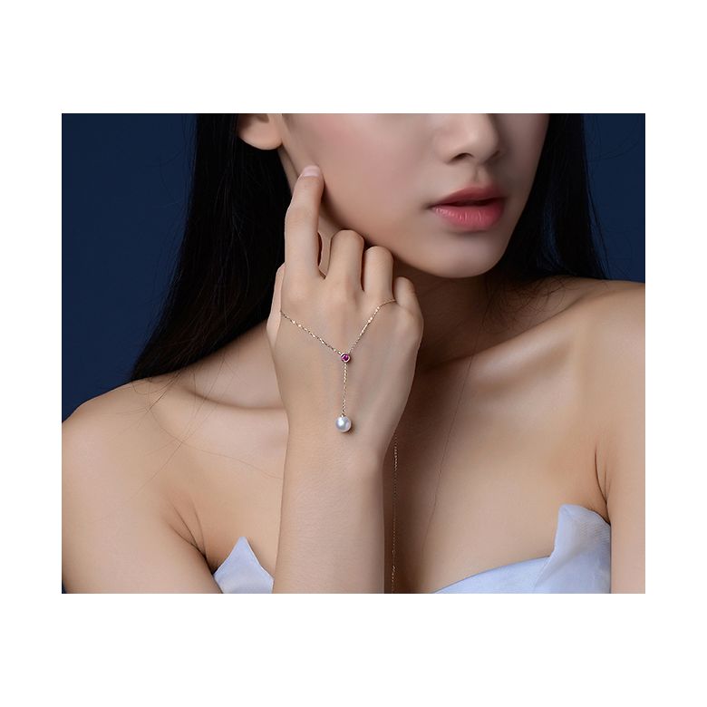 Collier pendentif perle Akoya. Chaîne Or rose, Saphir rose - 4