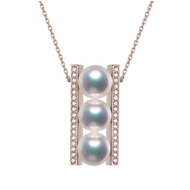 Pendentif 3 perles Akoya. Barettes or rose sertis diamants. Otohiko - 1