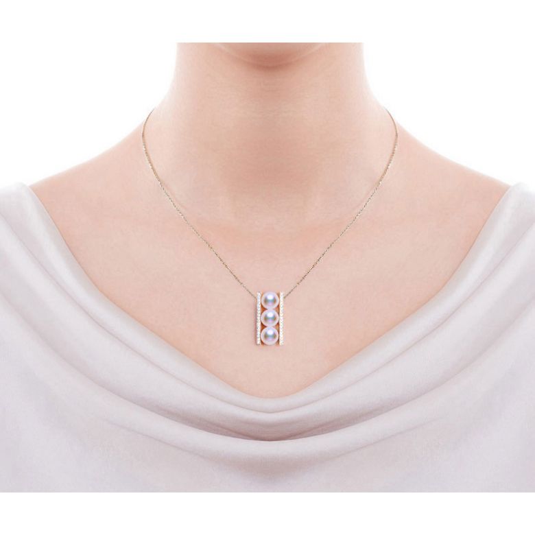 Pendentif 3 perles Akoya. Barettes or rose sertis diamants. Otohiko - 2