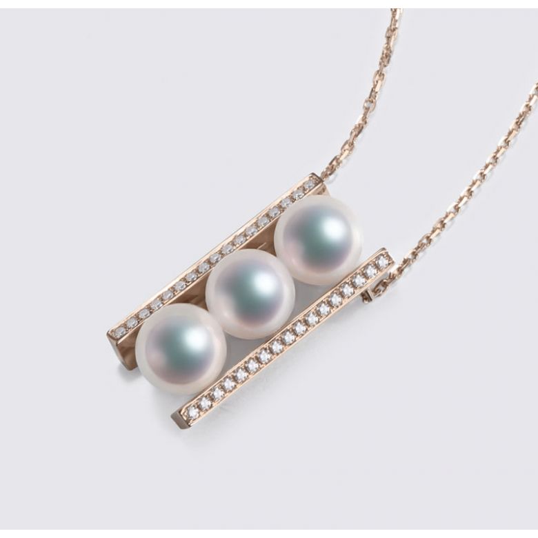 Pendentif 3 perles Akoya. Barettes or rose sertis diamants. Otohiko - 3