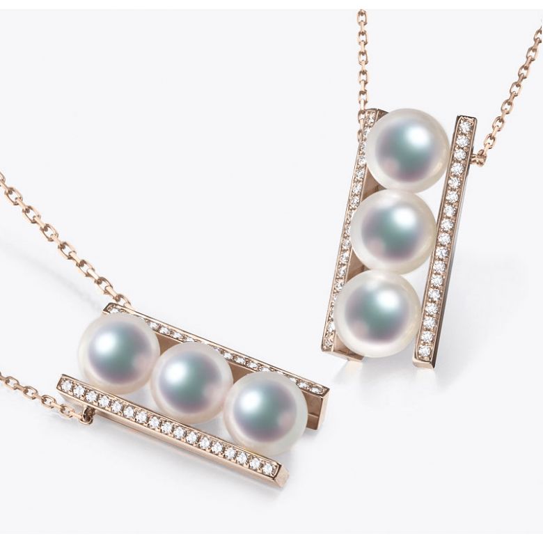 Pendentif 3 perles Akoya. Barettes or rose sertis diamants. Otohiko - 4