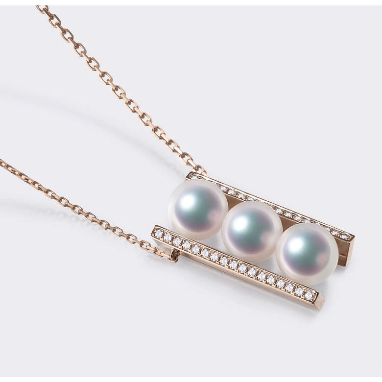 Pendentif 3 perles Akoya. Barettes or rose sertis diamants. Otohiko - 5