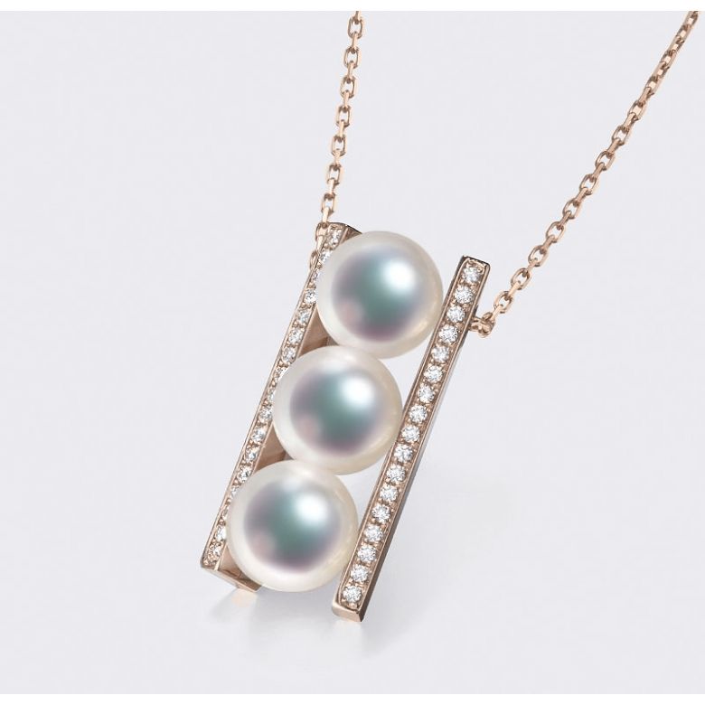 Pendentif 3 perles Akoya. Barettes or rose sertis diamants. Otohiko - 6