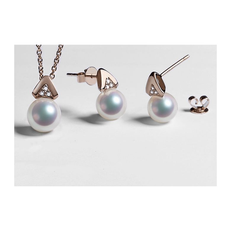 Pendentif triangulaire perle Akoya du Japon, Or rose et diamants  - 3
