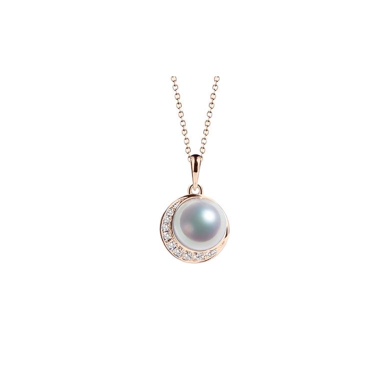 Pendentif couronne Or rose Diamants. Perle Akoya - 1