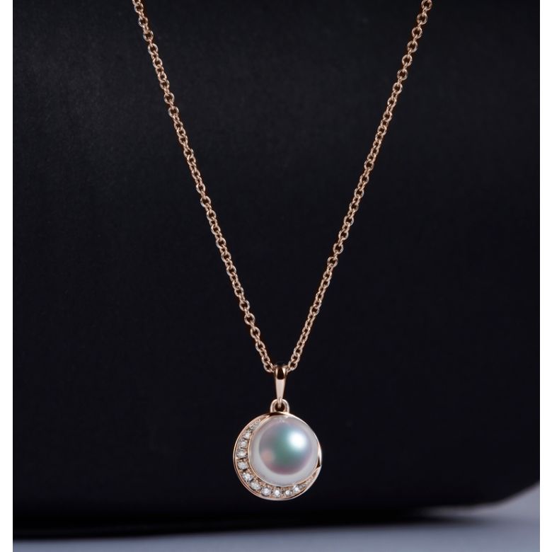 Pendentif couronne Or rose Diamants. Perle Akoya - 4