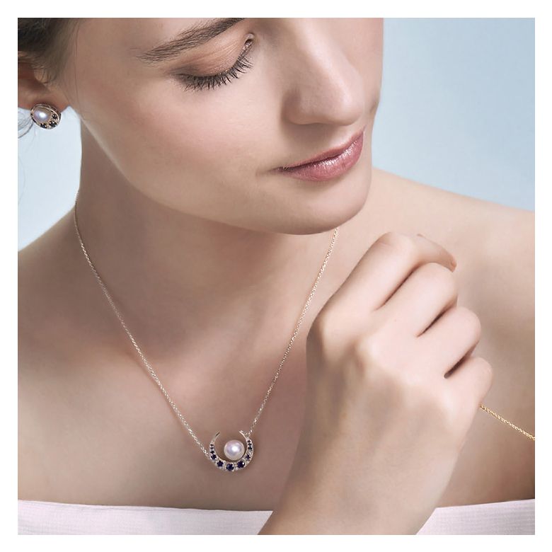 Pendentif Mikadzuki I Perle Akoya Saphir. Croissant de Lune or rose - 2