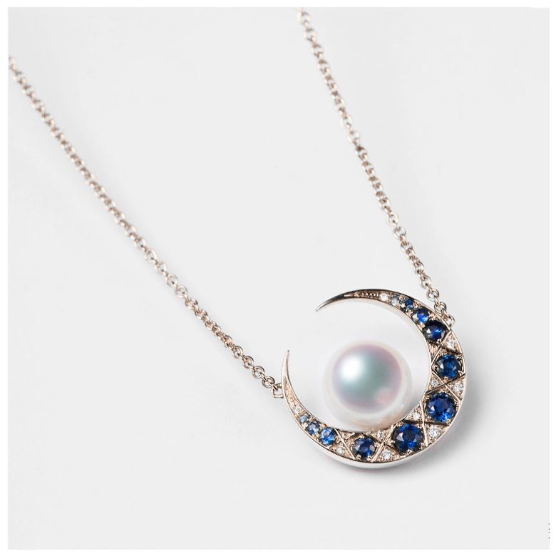 Pendentif Mikadzuki I Perle Akoya Saphir. Croissant de Lune or rose - 1
