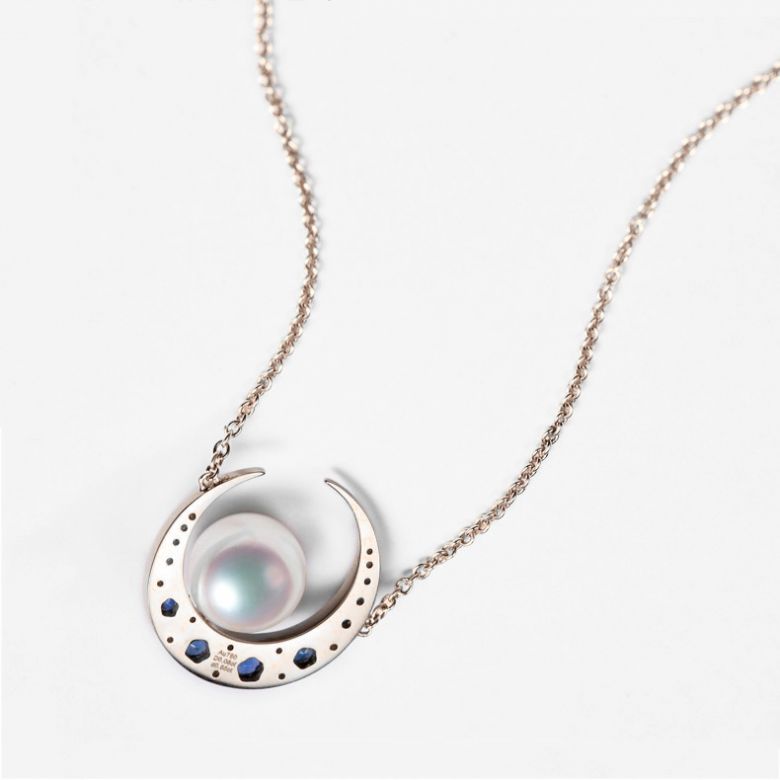 Pendentif Mikadzuki I Perle Akoya Saphir. Croissant de Lune or rose - 3