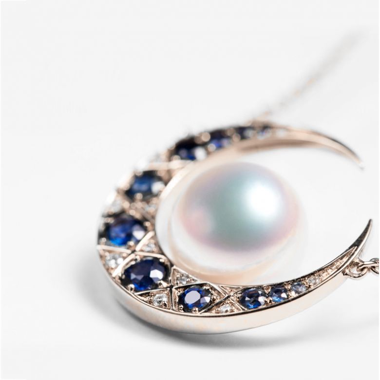 Pendentif Mikadzuki I Perle Akoya Saphir. Croissant de Lune or rose - 4
