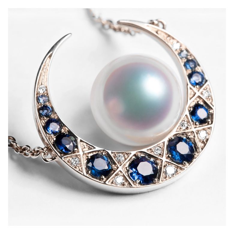Pendentif Mikadzuki I Perle Akoya Saphir. Croissant de Lune or rose - 5