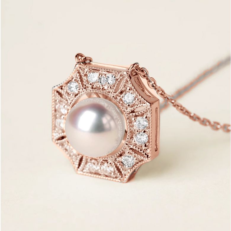 Pendentif Géométria Préciosa - Perle Akoya, Or Rose, Diamant - 3