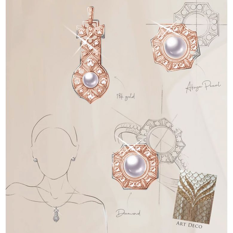 Pendentif Géométria Préciosa - Perle Akoya, Or Rose, Diamant - 8