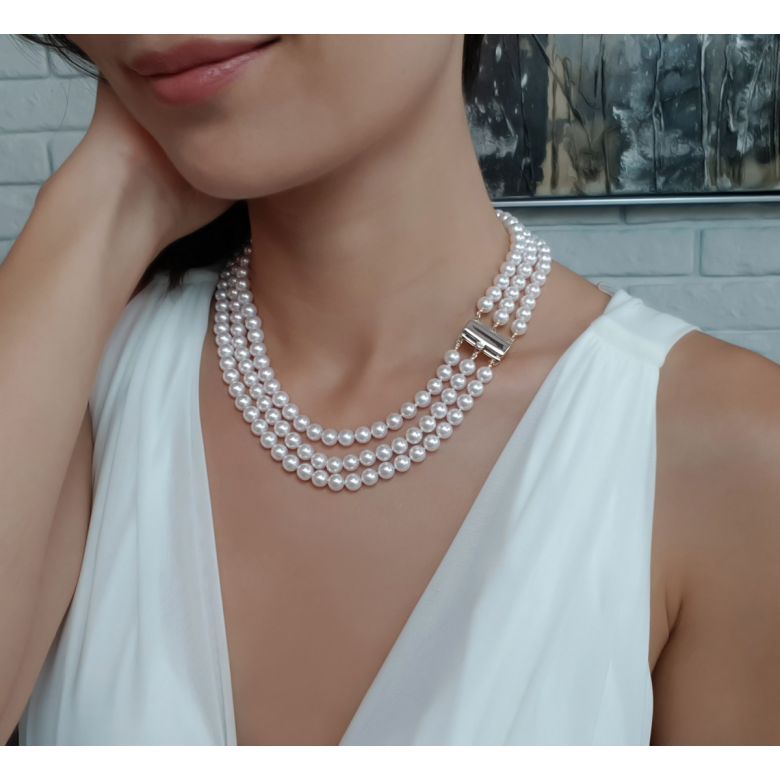 Collier triple perles Akoya blanches - 6.5/7mm - AAA or blanc - 5