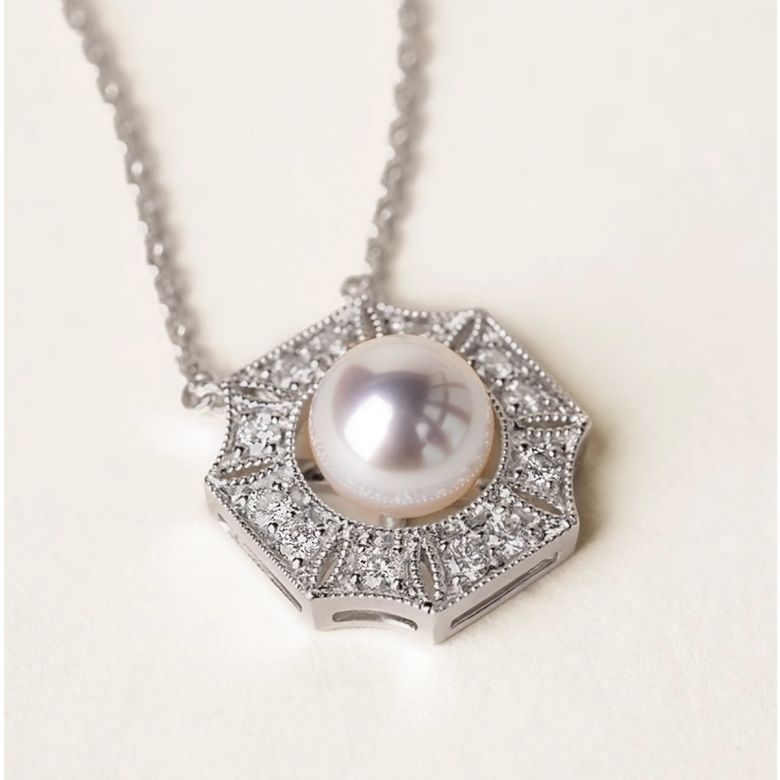 Pendentif Géométria Préciosa - Perle Akoya, Or Blanc, Diamant - 2