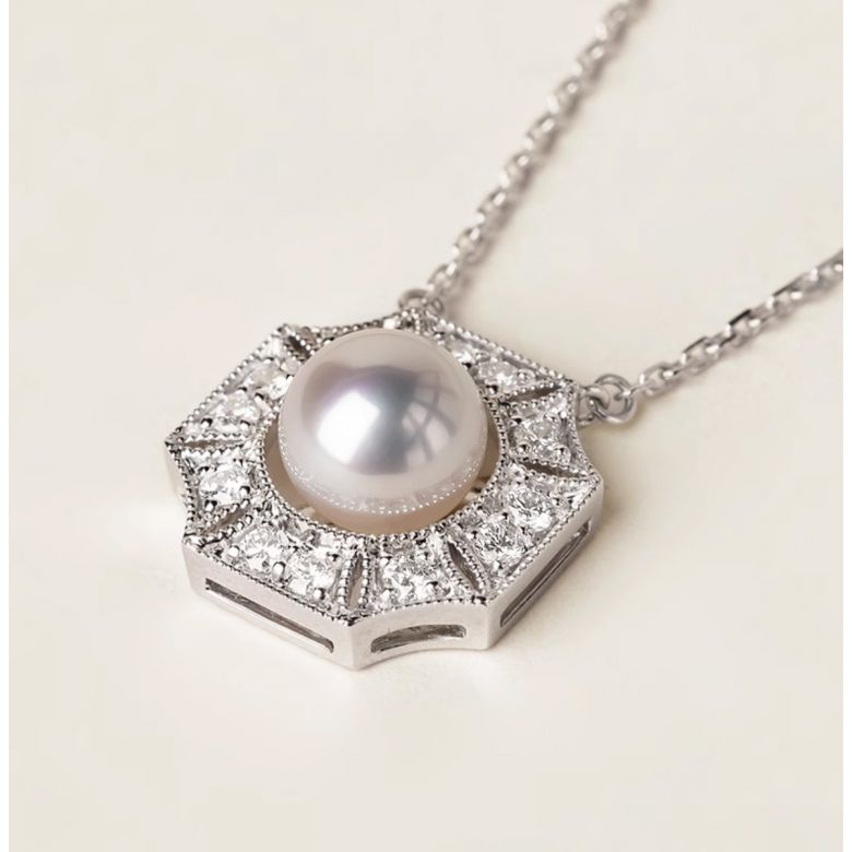 Pendentif Géométria Préciosa - Perle Akoya, Or Blanc, Diamant - 4