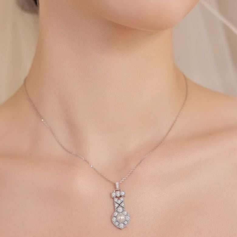 Pendentif Art Déco en Or Blanc et Perle Akoya AAA - Geometria Preciosa - 4