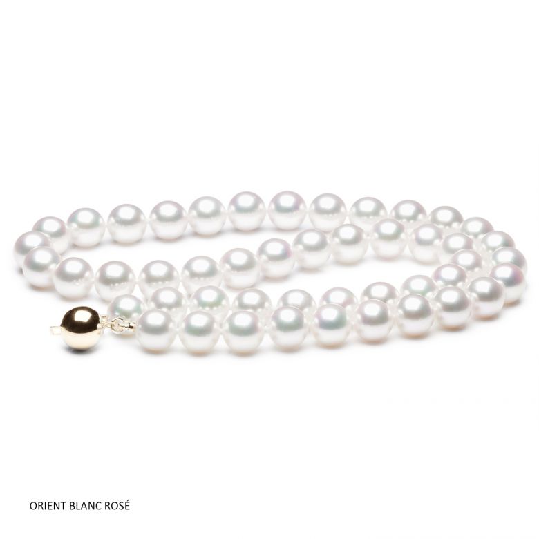 Collier perles de culture - Collier perle Akoya blanche Japon - 7.5/8mm or jaune - 2
