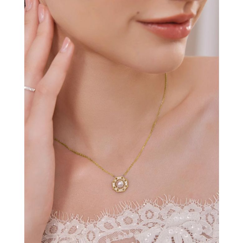 Pendentif Géométria Préciosa - Perle Akoya, Or Jaune, Diamant - 1