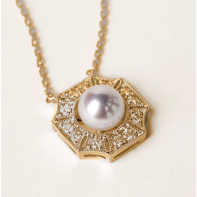 Pendentif Géométria Préciosa - Perle Akoya, Or Jaune, Diamant - 2