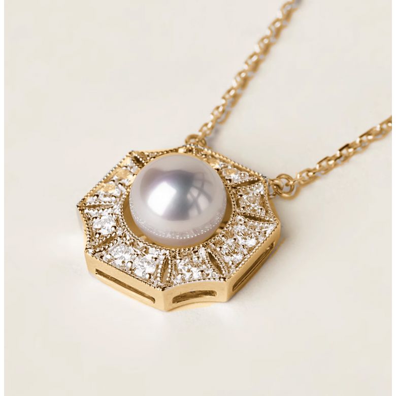 Pendentif Géométria Préciosa - Perle Akoya, Or Jaune, Diamant - 4