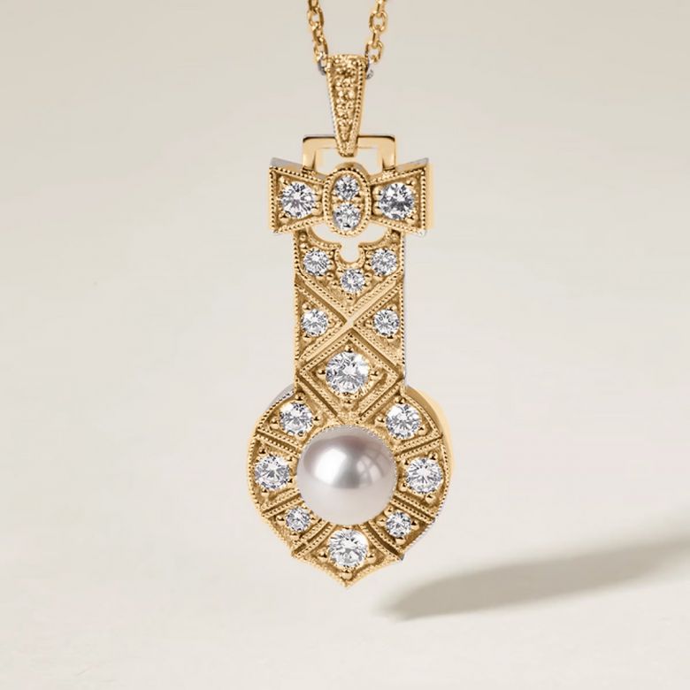 Pendentif Art Déco en Or Jaune et Perle Akoya AAA - Geometria Preciosa - 1