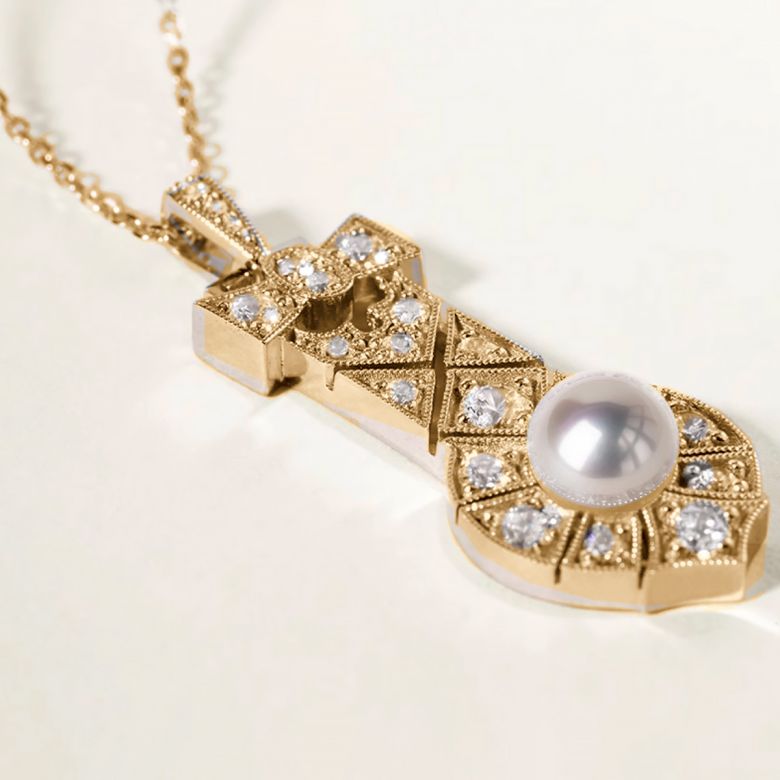 Pendentif Art Déco en Or Jaune et Perle Akoya AAA - Geometria Preciosa - 3