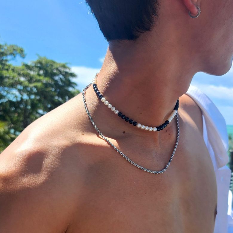 Collier Homme Perle Noir Blanc. Monochrome Pulse - 3