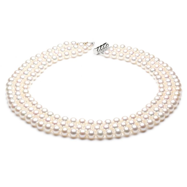 Collier 3 rangs - Collier triple fil perles blanches - 7/7.5mm - AAA or blanc - 1
