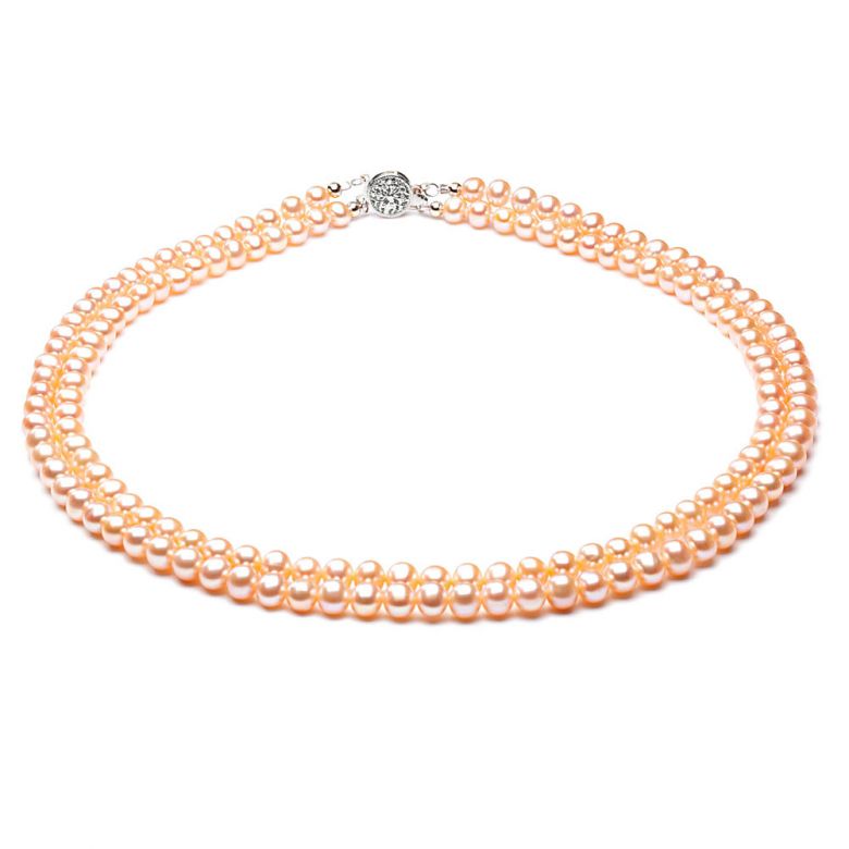 collier double rang perles roses - Perles de culture Chine - 5/5.5mm or blanc - 2