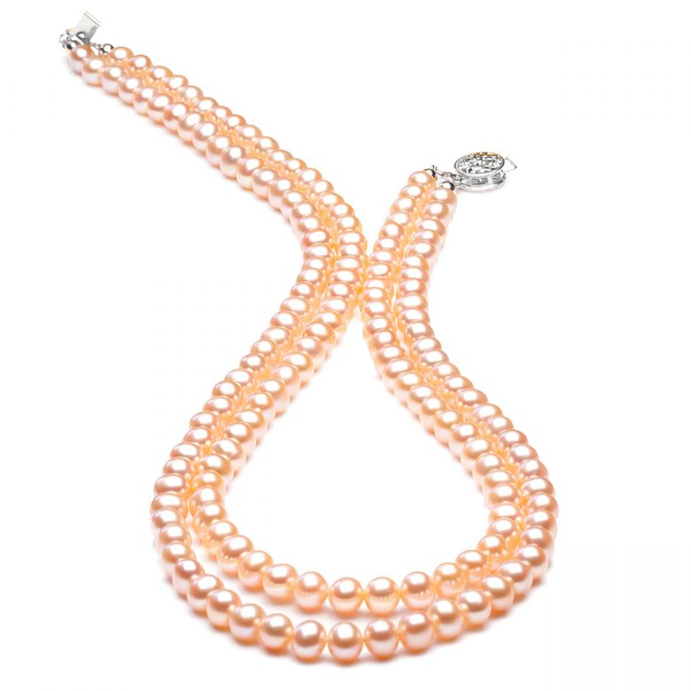 collier double rang perles roses - Perles de culture Chine - 5/5.5mm or blanc - 4
