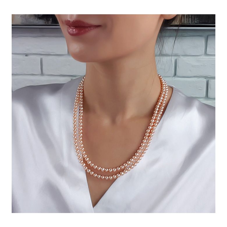 collier double rang perles roses - Perles de culture Chine - 5/5.5mm or blanc - 3